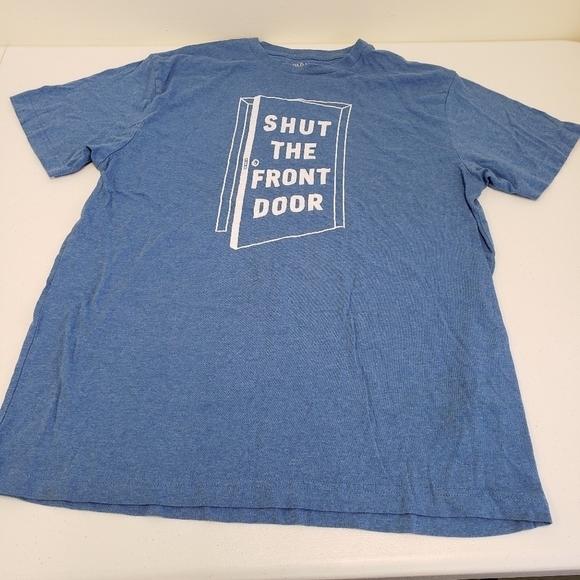 Old Navy Mens Tshirt Shut the Front Door Blue Size Medium - Picture 1 of 4